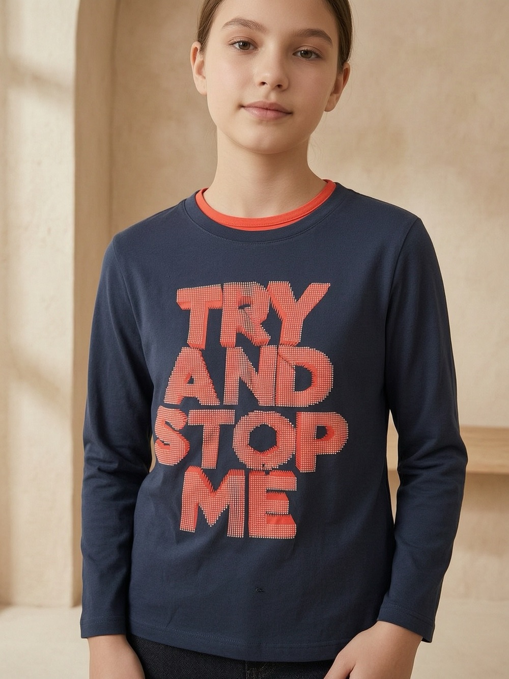 George Navy Long Sleeve Tee with Coral Graphic Text